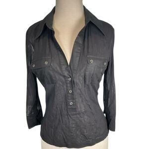 INC Sheer 3/4 Sleeve V-Neck 3/4 Button Black Stretch Colored Large Work Wear
